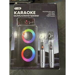 T-08 Karaoke Multifunctional Speaker 10W BT TWS 2 Wireless Mics RGB